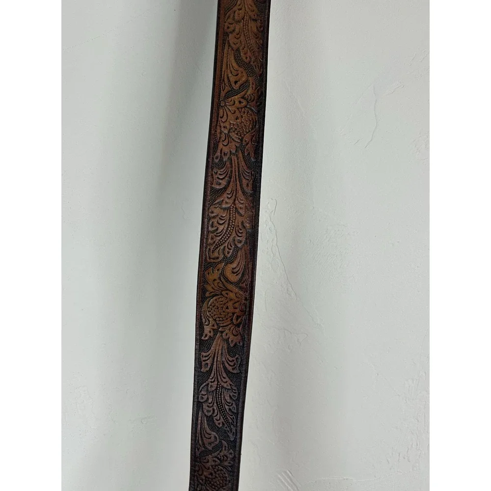 Leather Embossed Vintage Belt Brown Western Cowboy Boho Size 44 Retro Western